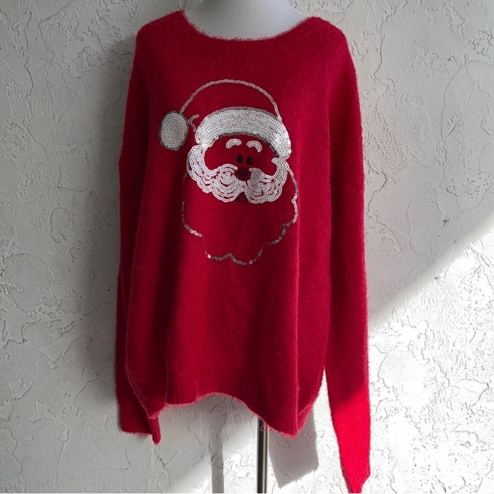No Boundaries Red Fuzzy Sequin Santa Claus Ugly Christmas Sweater XL 15-17